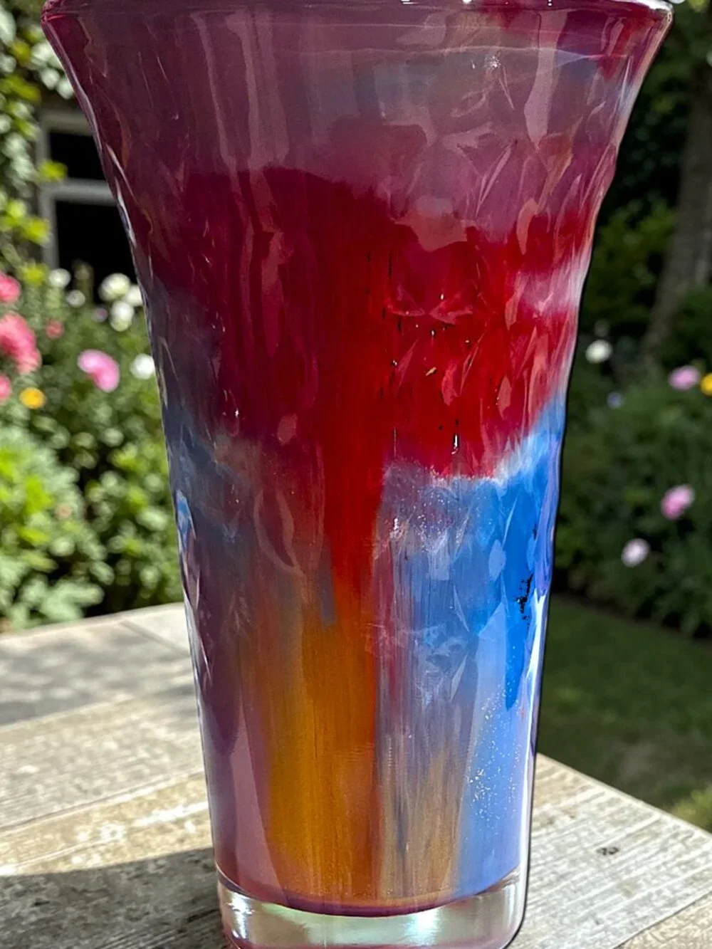 Hand-Painted Acrylic Pour Vase, Red Blue Gold Abstract Art Home Décor
